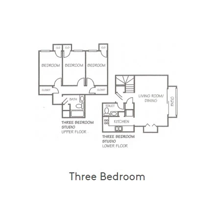 Three bedroom floor plan, two levels. Upper floor: three bedrooms side by side with closets, and a bathroom. Lower floor: a kitchen, a combined living room and dining area with a patio, and a staircase.