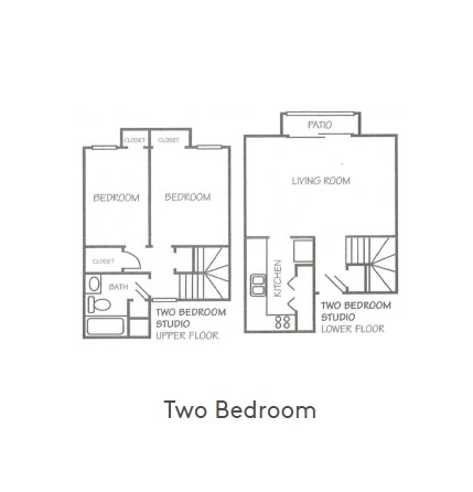 Two bedroom floor plan, two levels. Upper floor: two bedrooms side by side with closets, a bathroom, and a staircase. Lower floor: a living room with a patio at the top, a kitchen along the right wall, and a staircase.