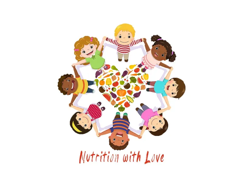 Nutrition with Love logo: children holding hands in a circle around fruits and vegetables.