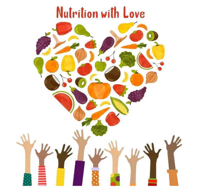 Nutrition with Love logo: a heart made of fruits and vegetables above a row of raised hands.